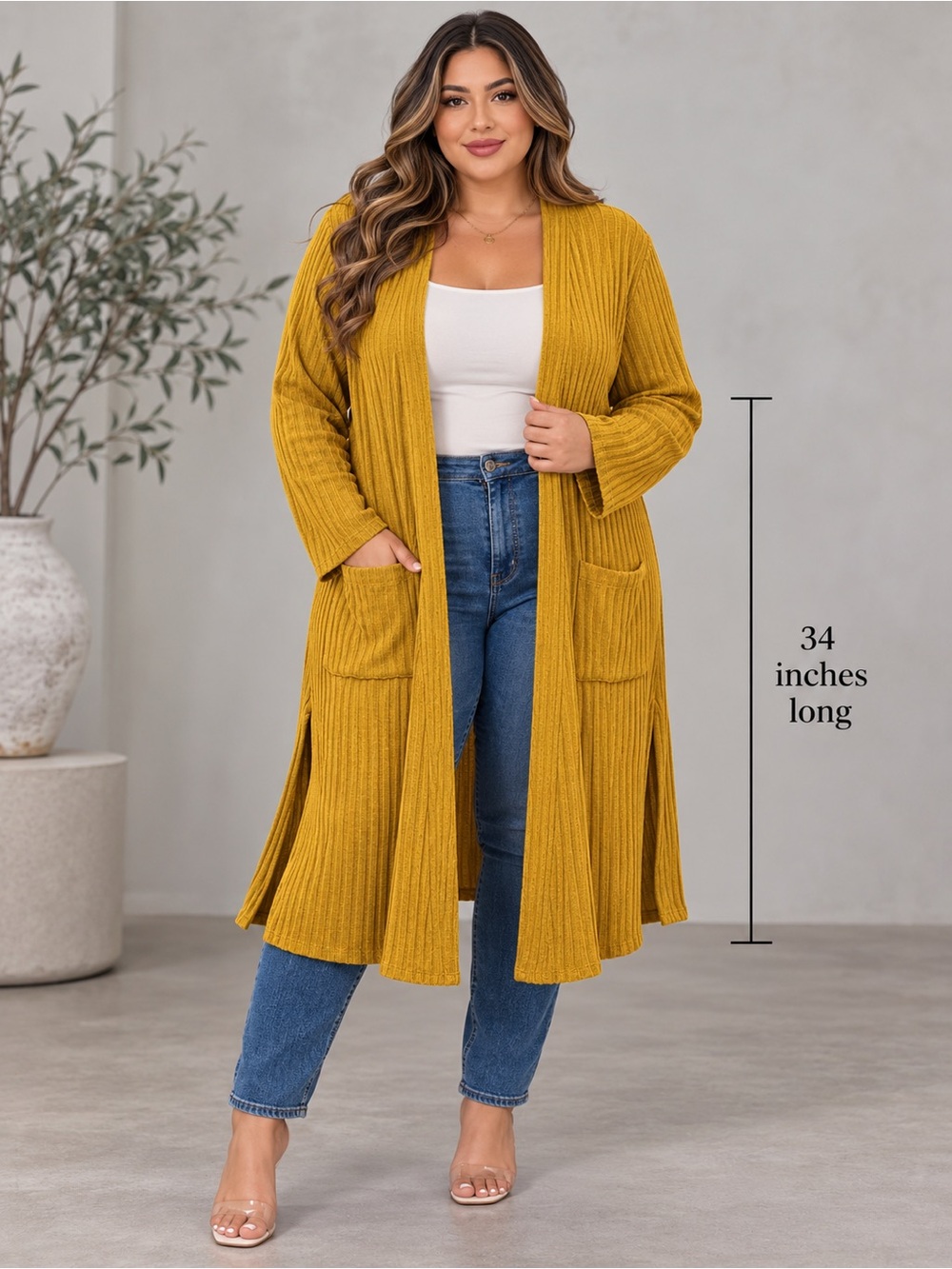 Wilde Women's Ribbed Knit Long Cardigan - Mustard Gold, Size 3XL